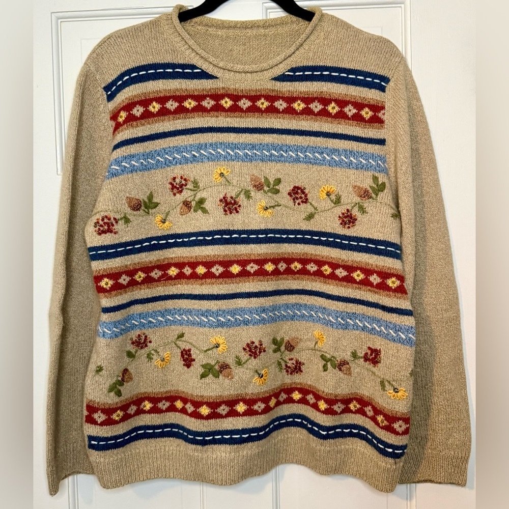 Alfred Dunner Embroidered Beige Pullover Sweater Cottagecore, Size L